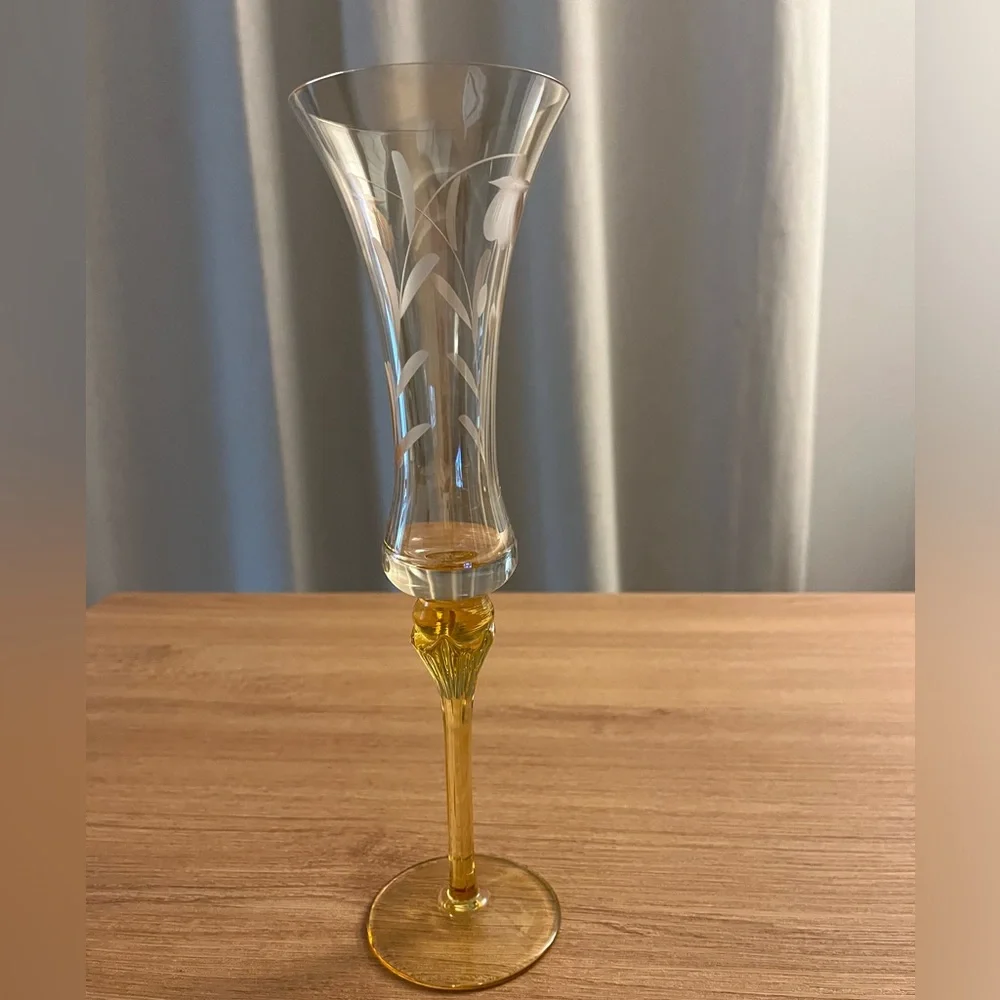 Vintage AMBER GLASS VASE Mid Century Sanyl Etched Amber Glass